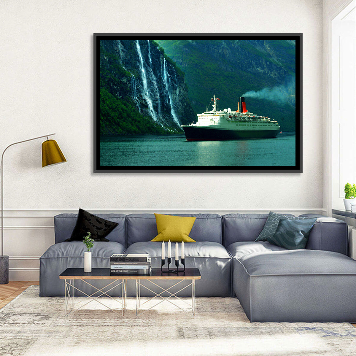 Cruise Ship at Geiranger Fjord Wall Art in a room, landscape