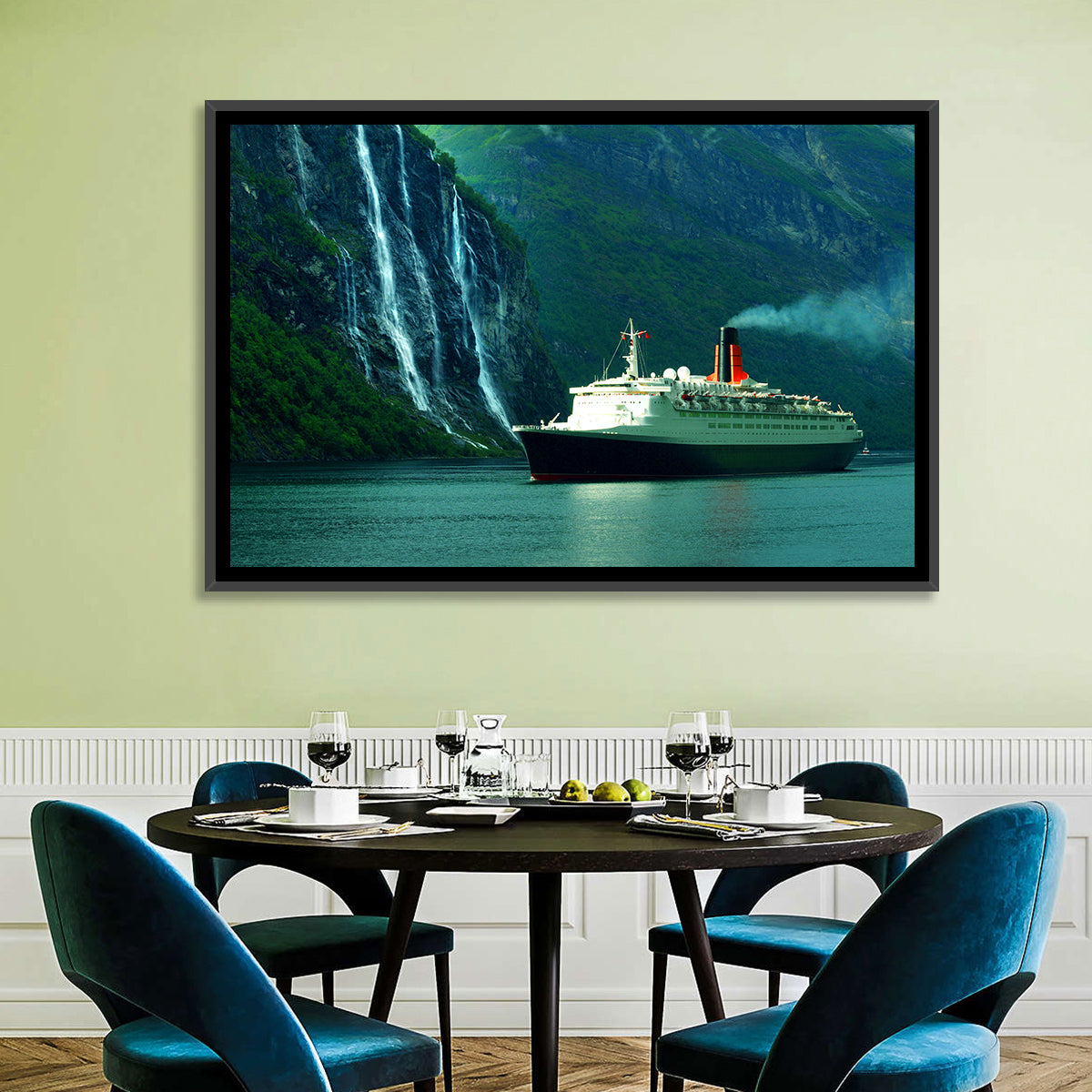 Cruise Ship at Geiranger Fjord Wall Art in a room, landscape