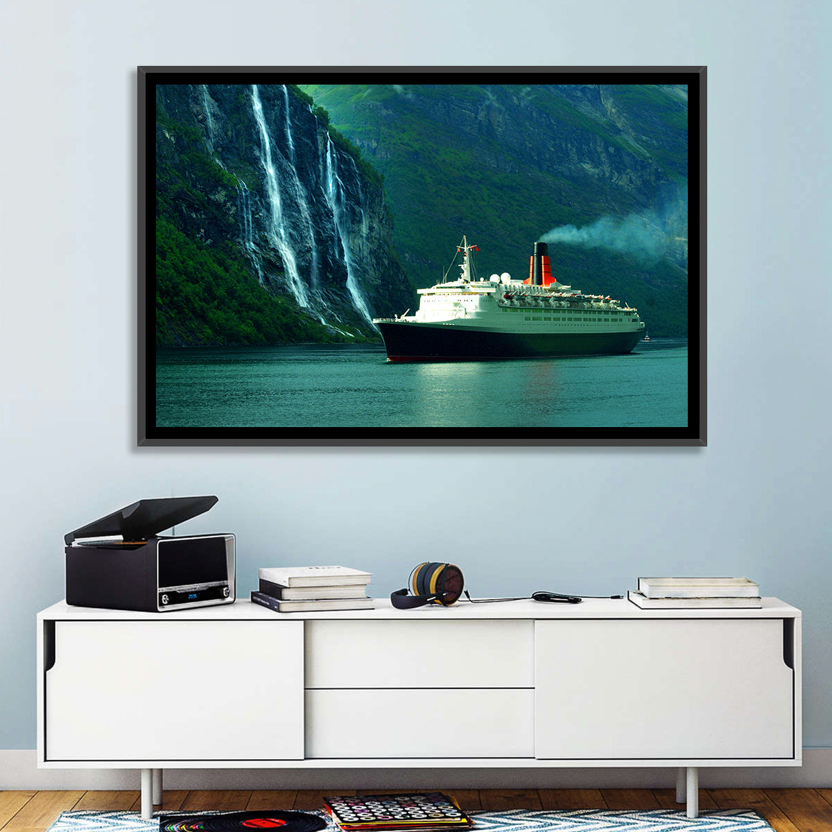 Cruise Ship at Geiranger Fjord Wall Art in a room, landscape