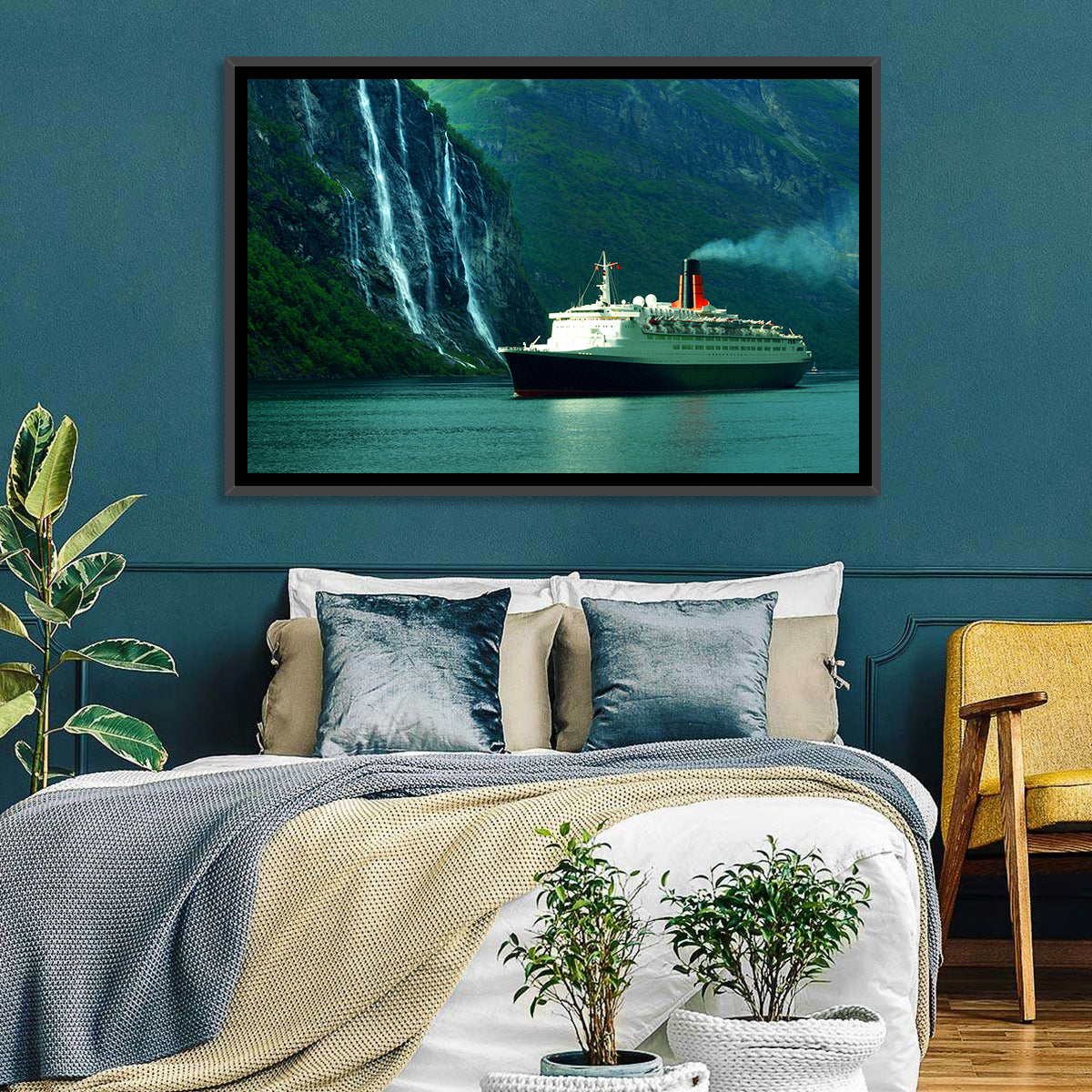 Cruise Ship at Geiranger Fjord Wall Art in a room, landscape