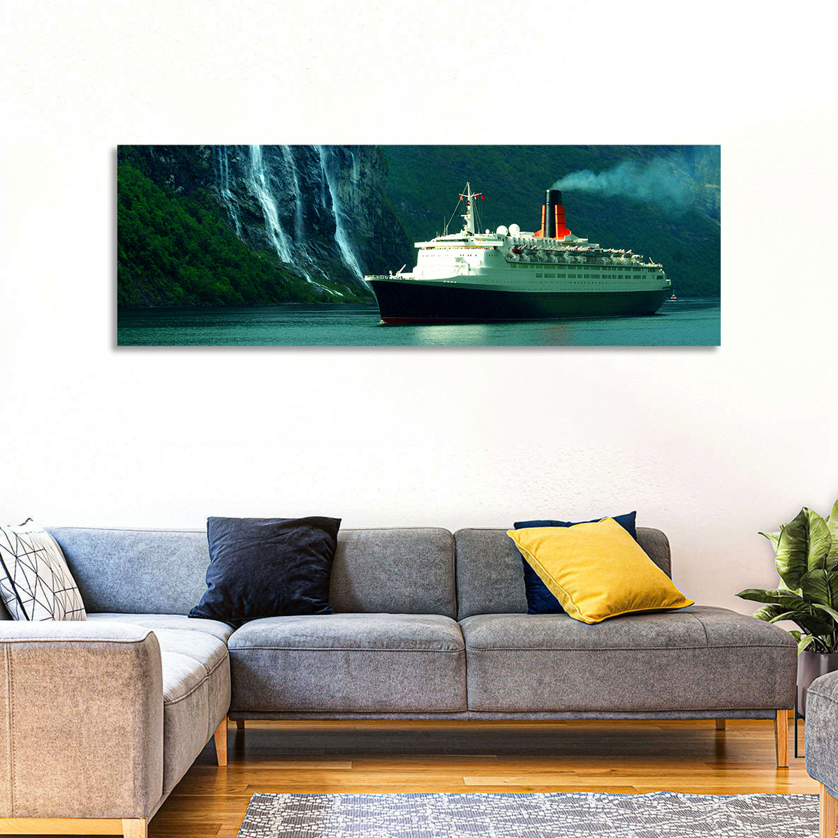 Cruise Ship at Geiranger Fjord Wall Art in a room, landscape