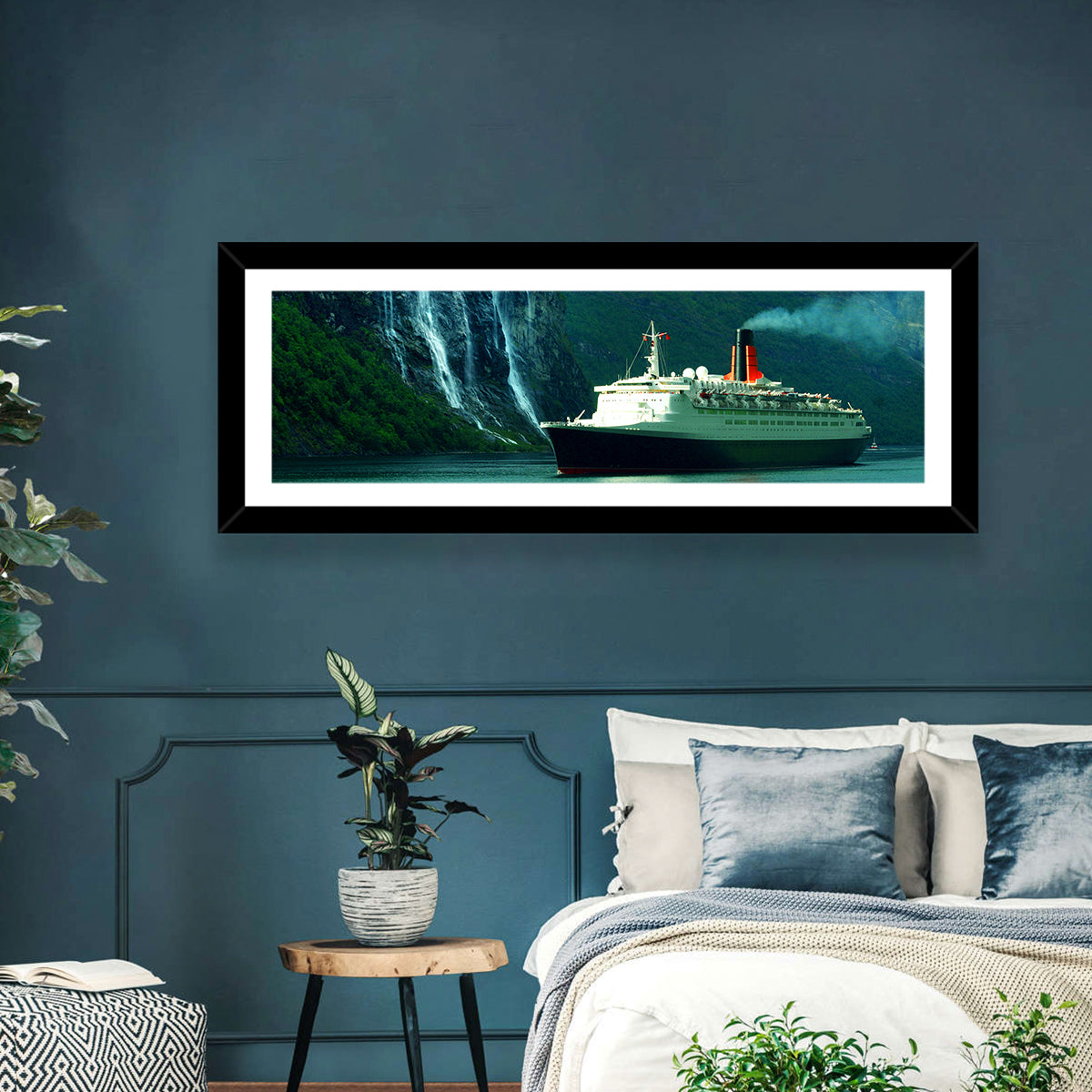 Cruise Ship at Geiranger Fjord Wall Art in a room, landscape
