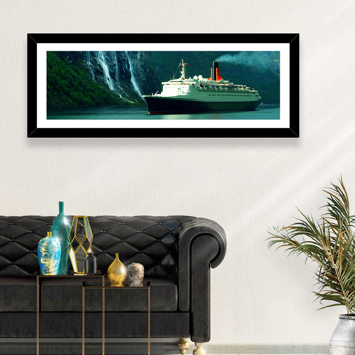 Cruise Ship at Geiranger Fjord Wall Art in a room, landscape