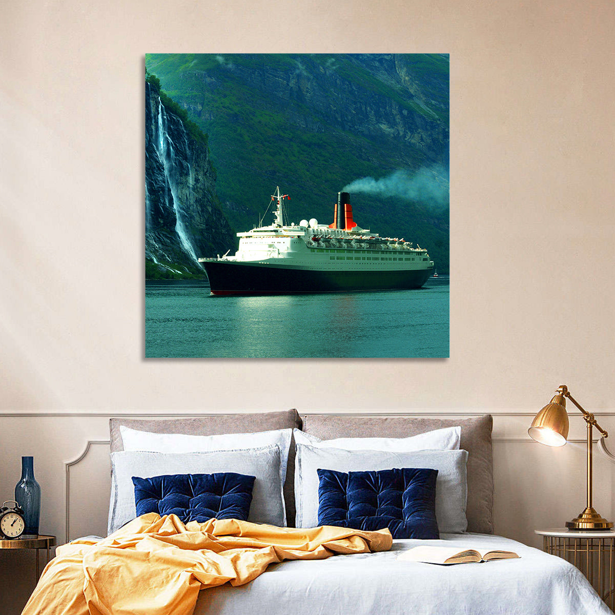 Cruise Ship at Geiranger Fjord Wall Art in a room, landscape