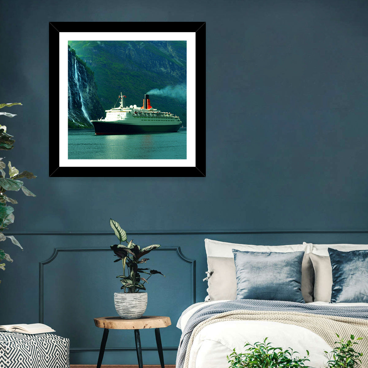 Cruise Ship at Geiranger Fjord Wall Art in a room, landscape