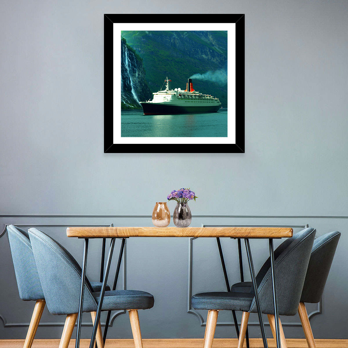 Cruise Ship at Geiranger Fjord Wall Art in a room, landscape