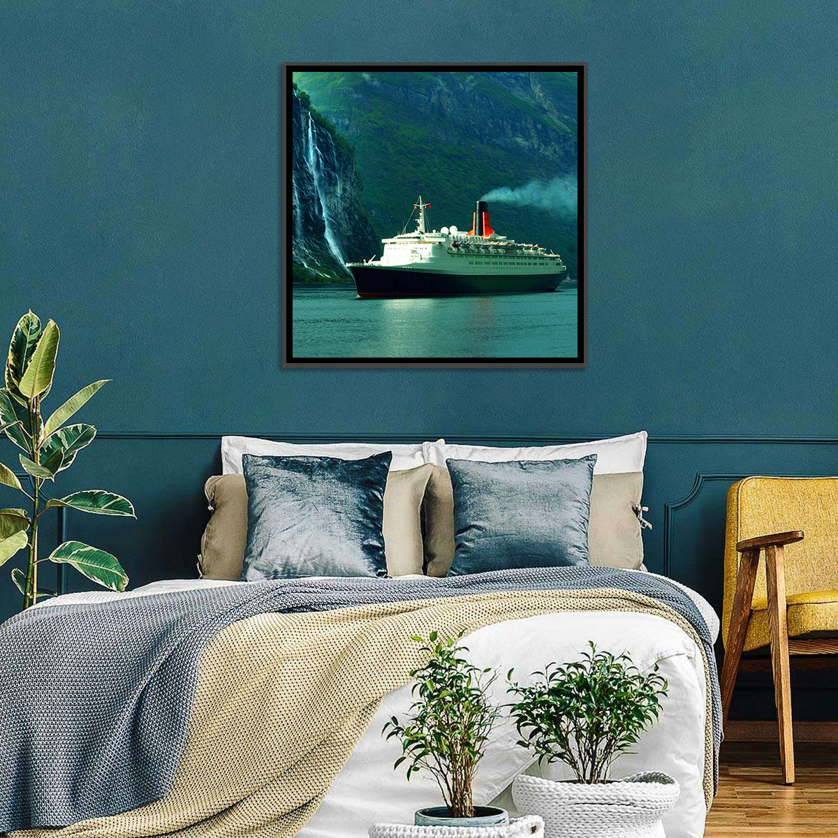 Cruise Ship at Geiranger Fjord Wall Art in a room, landscape
