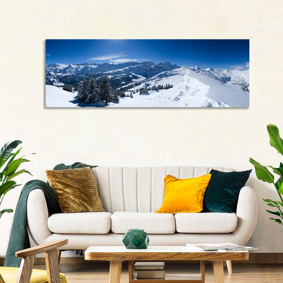 Snowy Bernese Alps Wall Art in a room, panoramic
