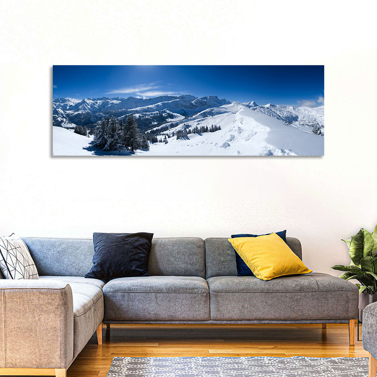 Snowy Bernese Alps Wall Art in a room, panoramic