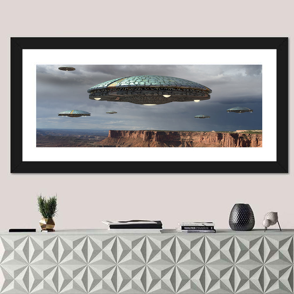 Ufos Over Stormy Canyon Wall Art in a room, panoramic