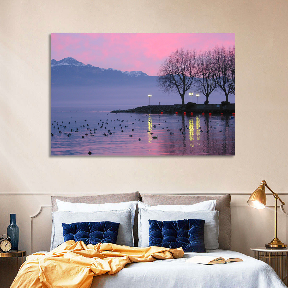 Lake Geneva Twilight Wall Art in a room, landscape