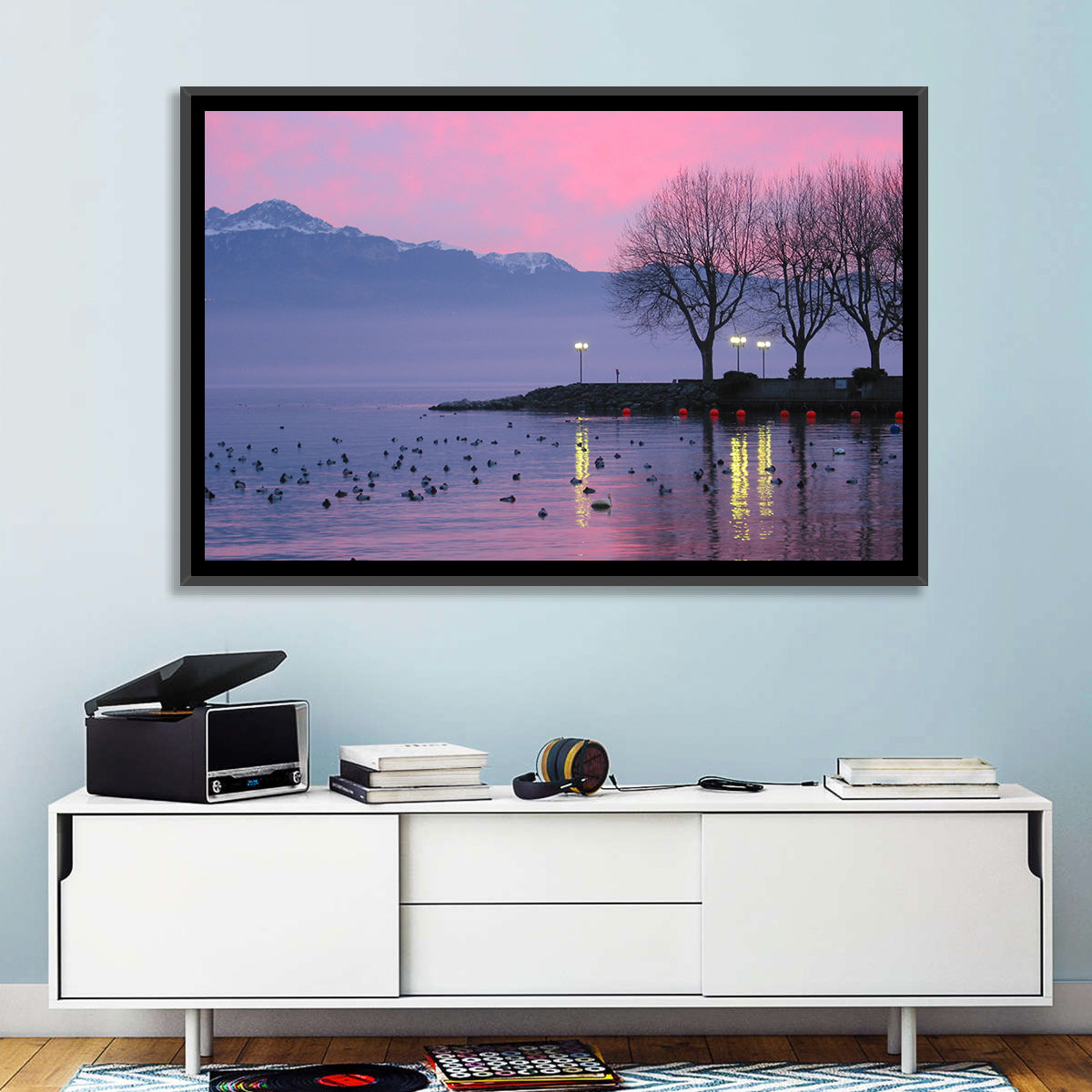 Lake Geneva Twilight Wall Art in a room, landscape