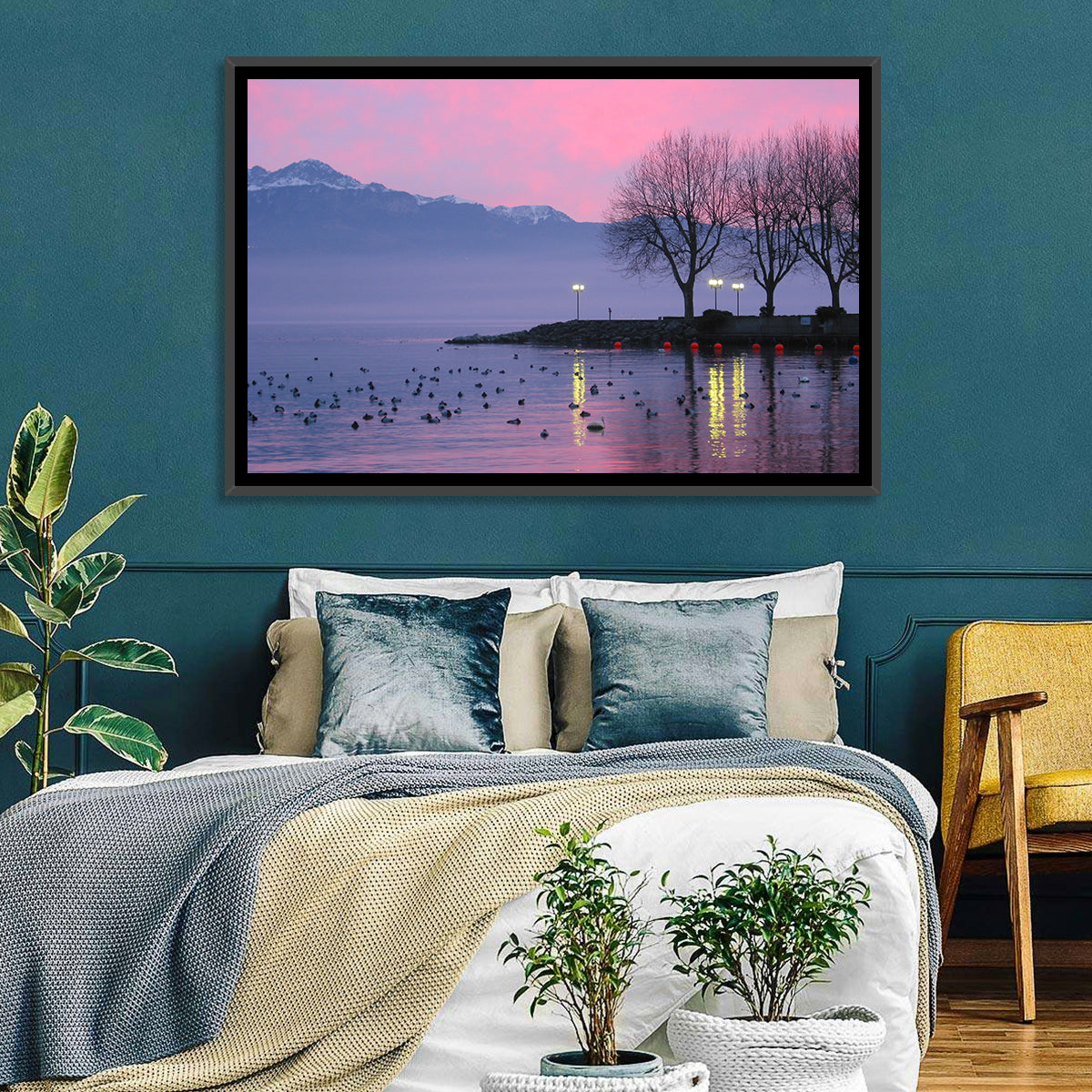 Lake Geneva Twilight Wall Art in a room, landscape