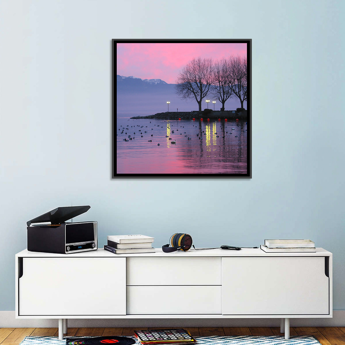Lake Geneva Twilight Wall Art in a room, landscape