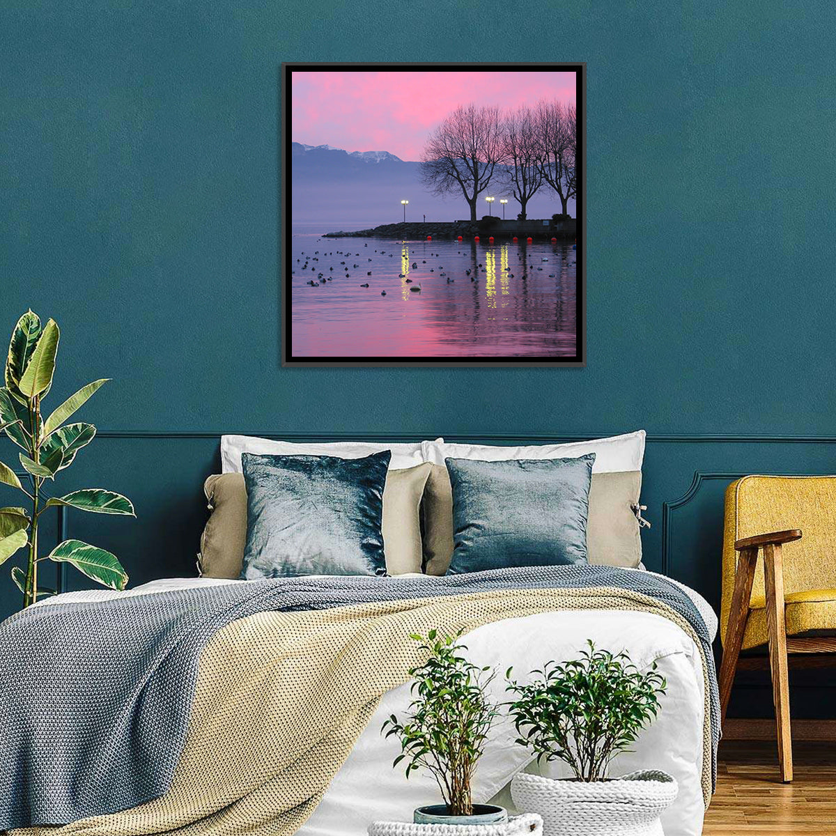 Lake Geneva Twilight Wall Art in a room, landscape