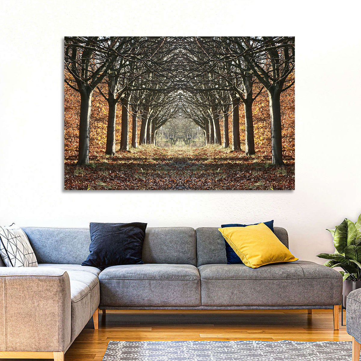 Danish Autumn Tree-lined Path Wall Art in a room, landscape