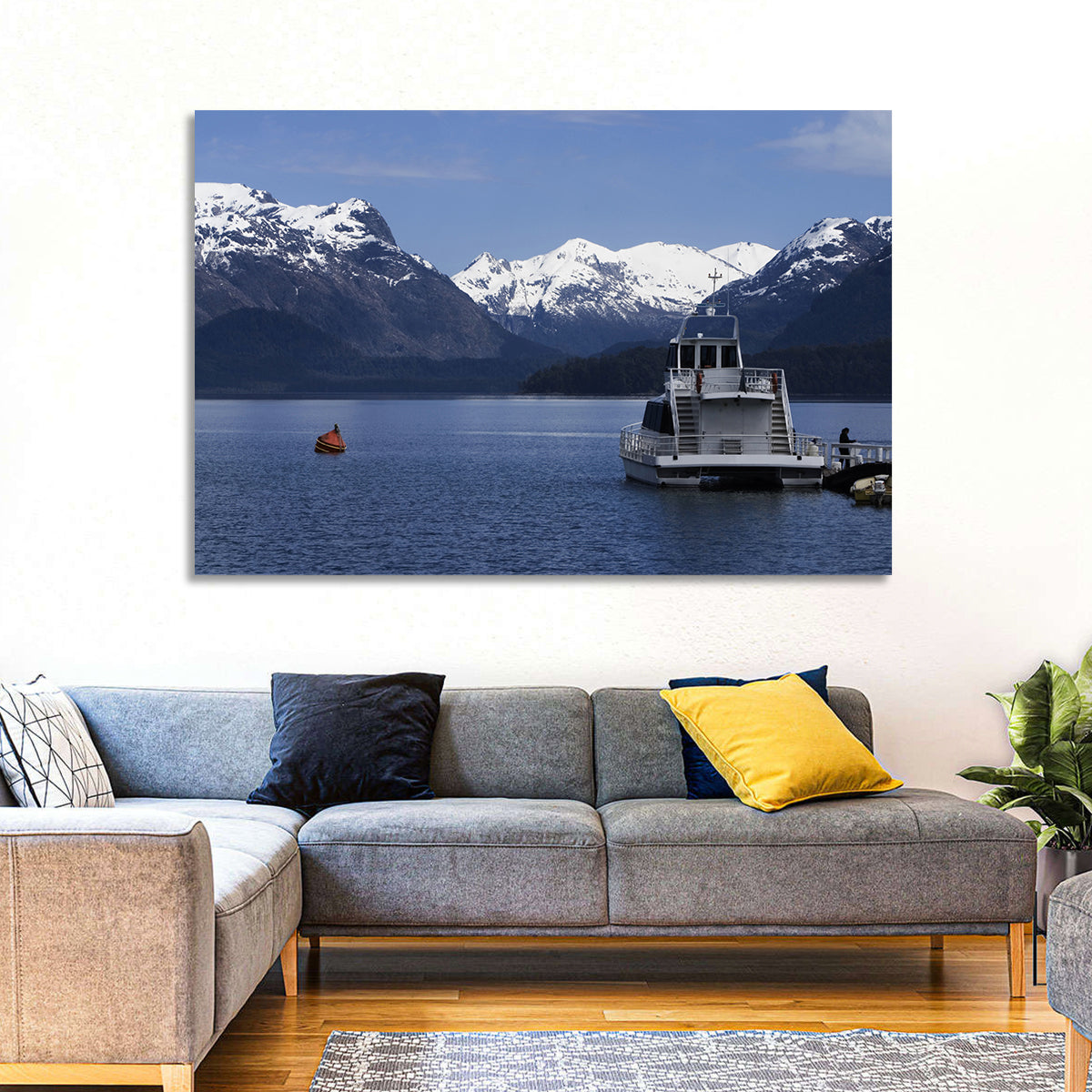 Lake Nahuel Huapi Catamaran and Snow-capped Mountains Wall Art in a room, landscape