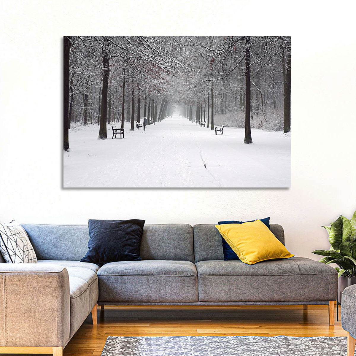 Snow Covered Park Lane Wall Art in a room, landscape