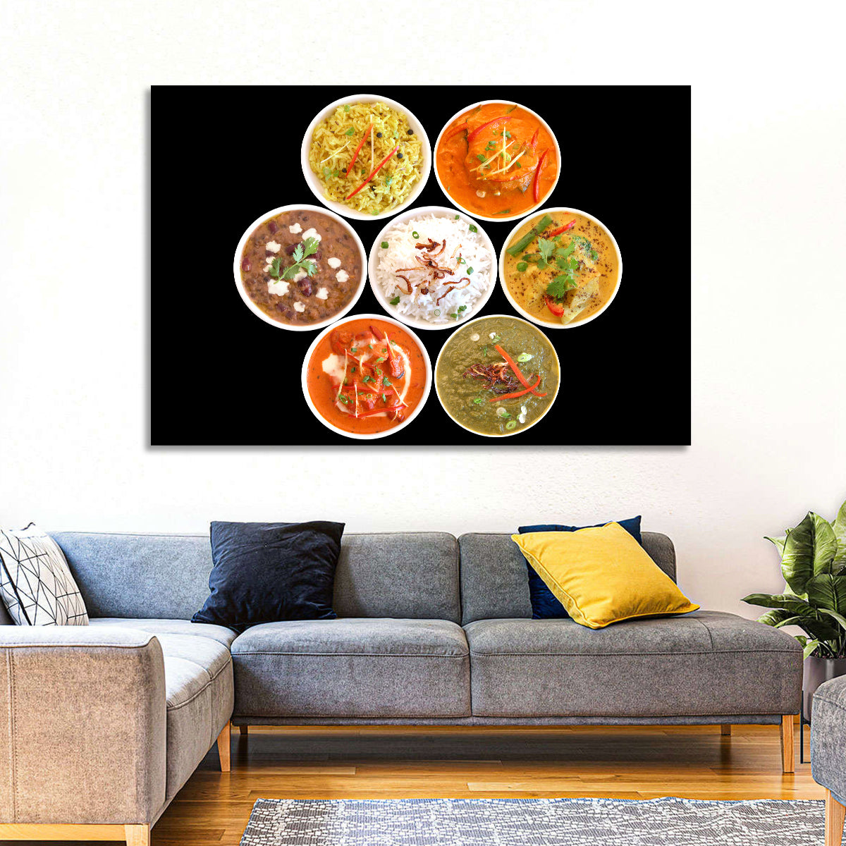 Six Indian Curry Bowls Wall Art in a room, landscape
