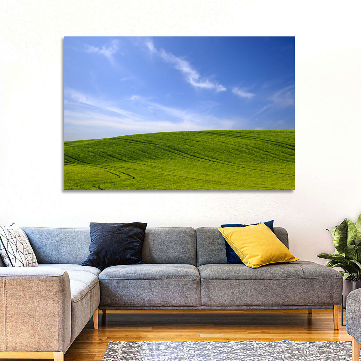 Rolling Green Hill with Blue Sky Wall Art in a room, landscape