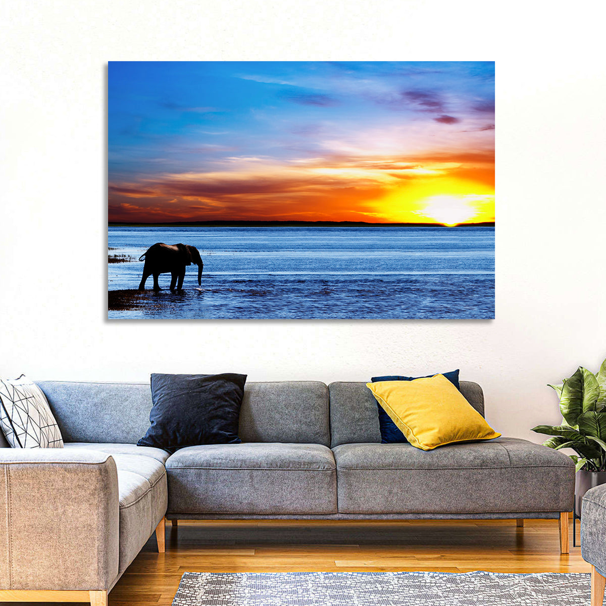Elephant Silhouette at Beach Sunset Wall Art