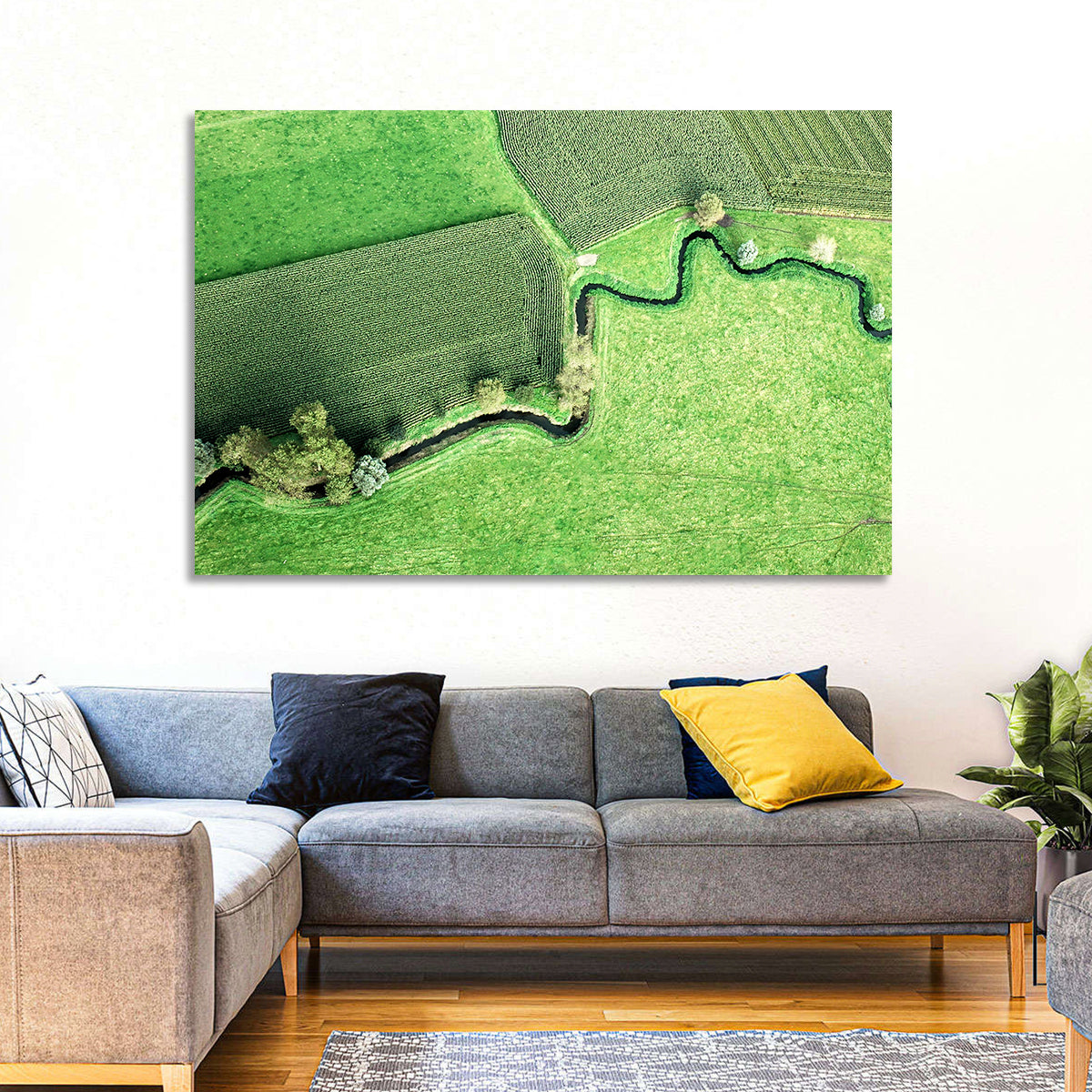 Meandering Stream Over Farmland Wall Art in a room, landscape