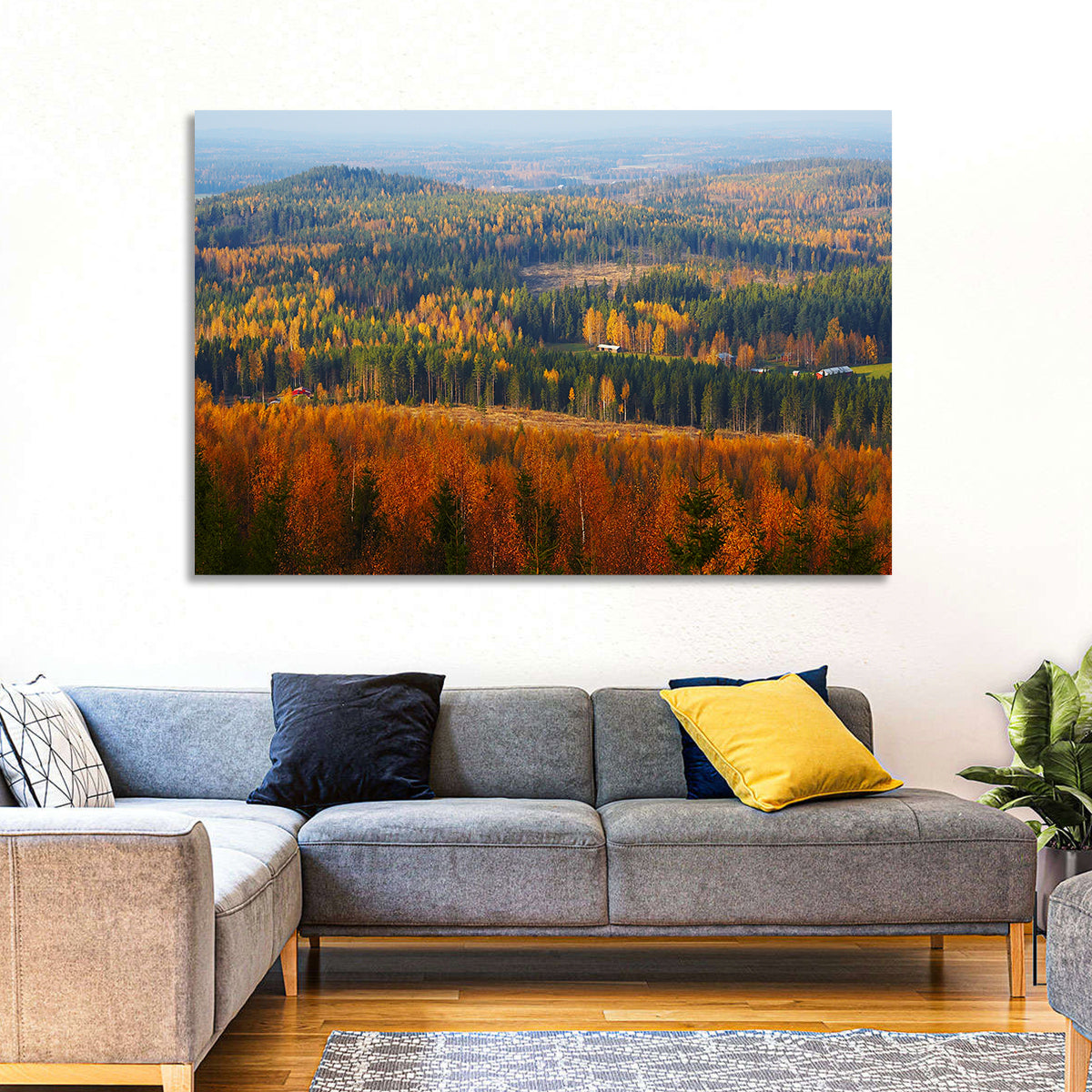 Finnish Autumn Landscape with Red-roofed House Wall Art in a room, landscape
