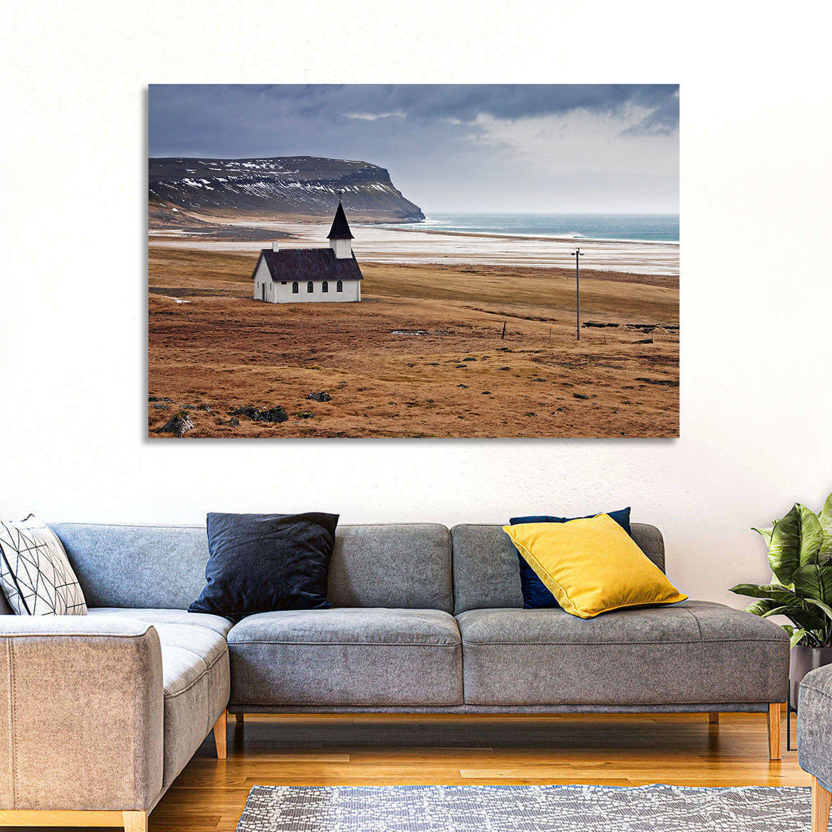 Icelandic Church with Dark Steeple Wall Art in a room, landscape