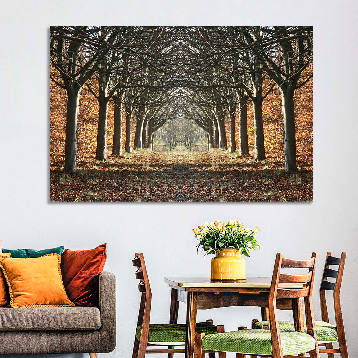 Danish Autumn Tree-lined Path Wall Art in a room, landscape