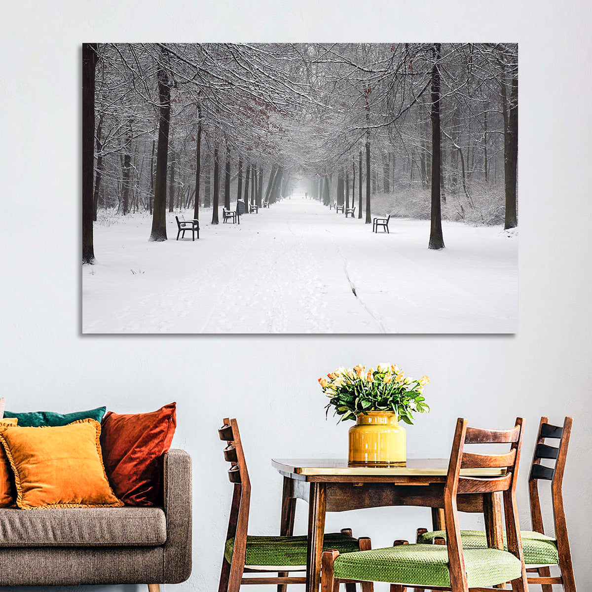 Snow Covered Park Lane Wall Art in a room, landscape