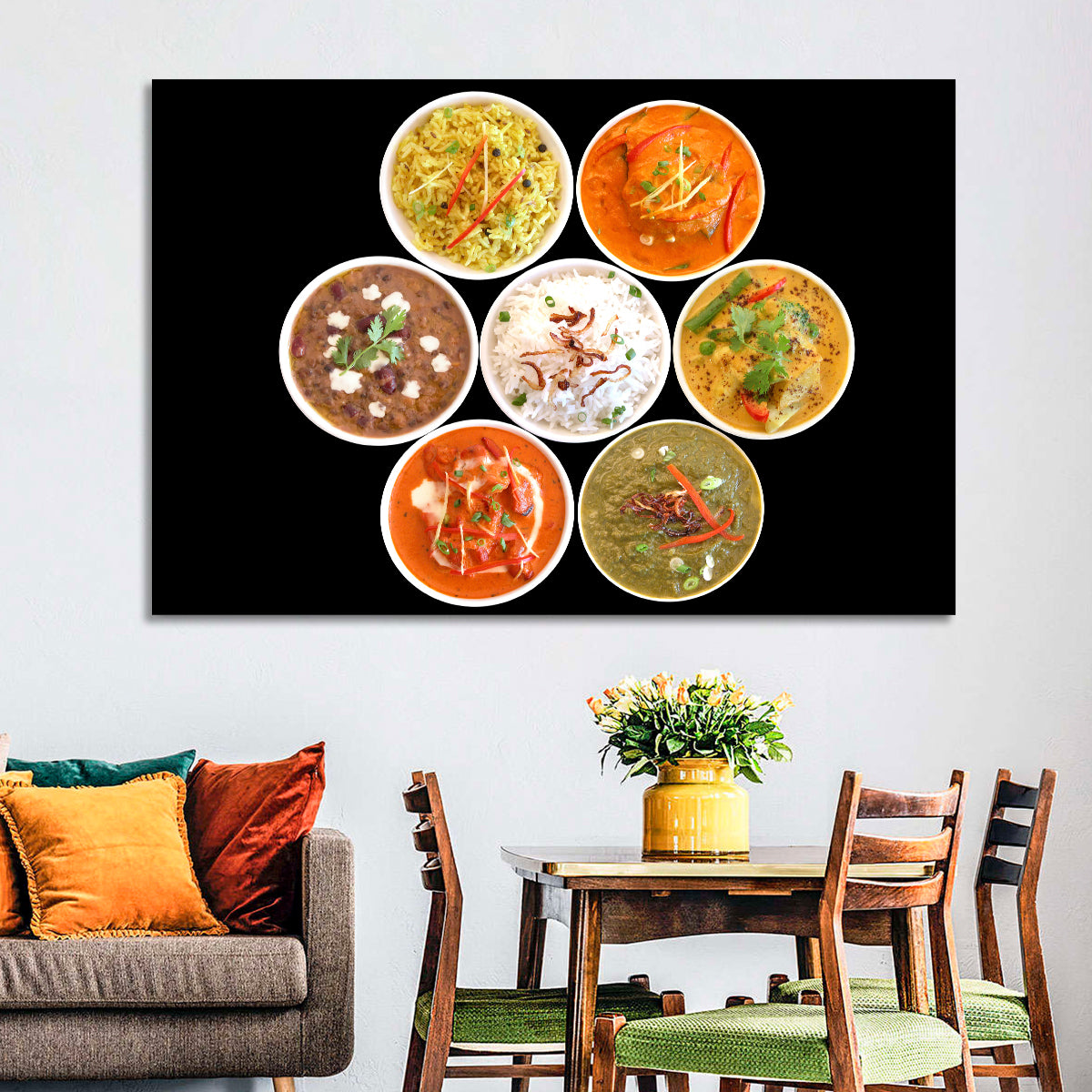 Six Indian Curry Bowls Wall Art in a room, landscape