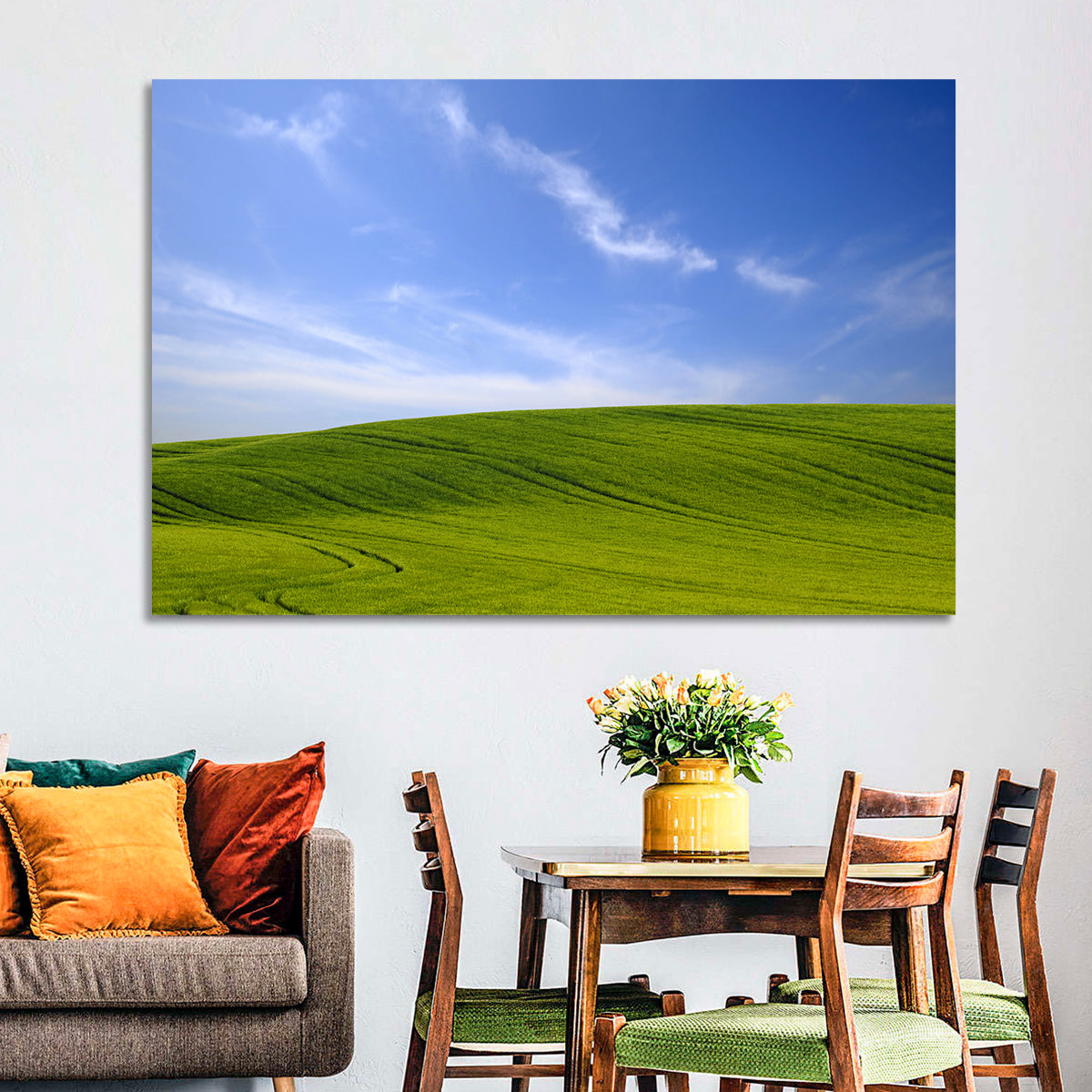 Rolling Green Hill with Blue Sky Wall Art in a room, landscape
