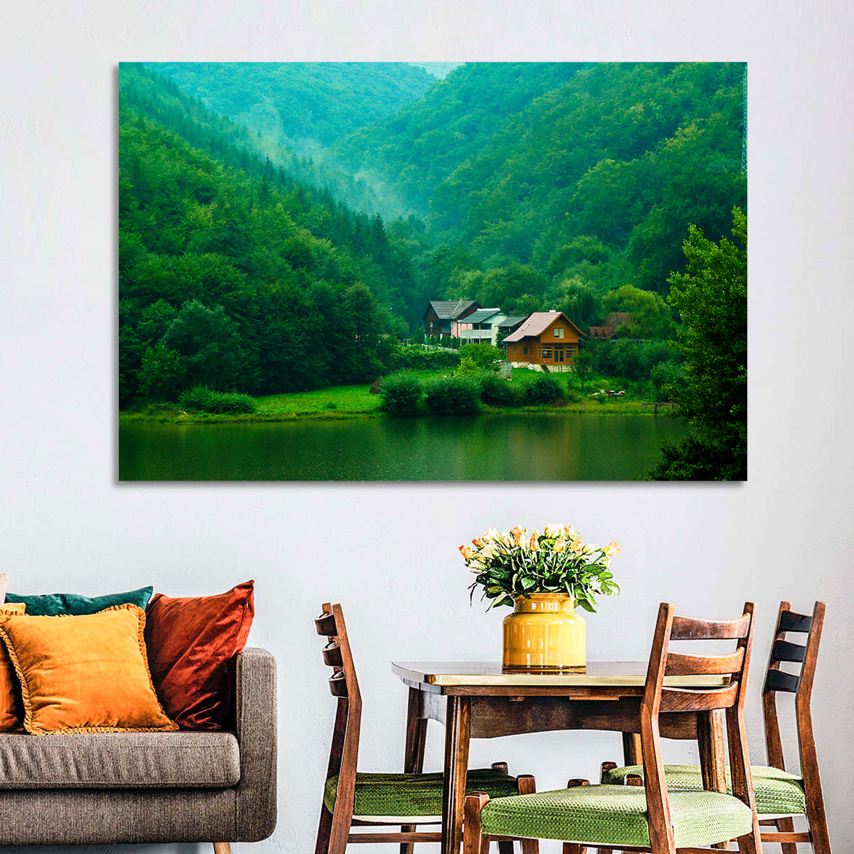Mist Over Lake Tarnita Wall Art in a room, landscape