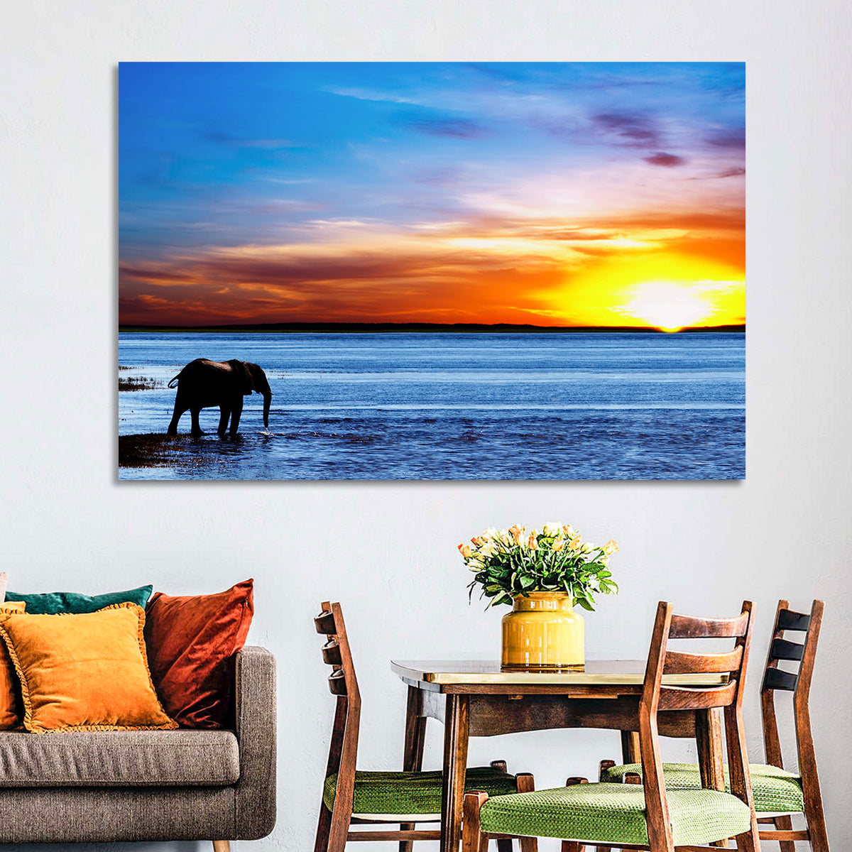 Elephant Silhouette at Beach Sunset Wall Art