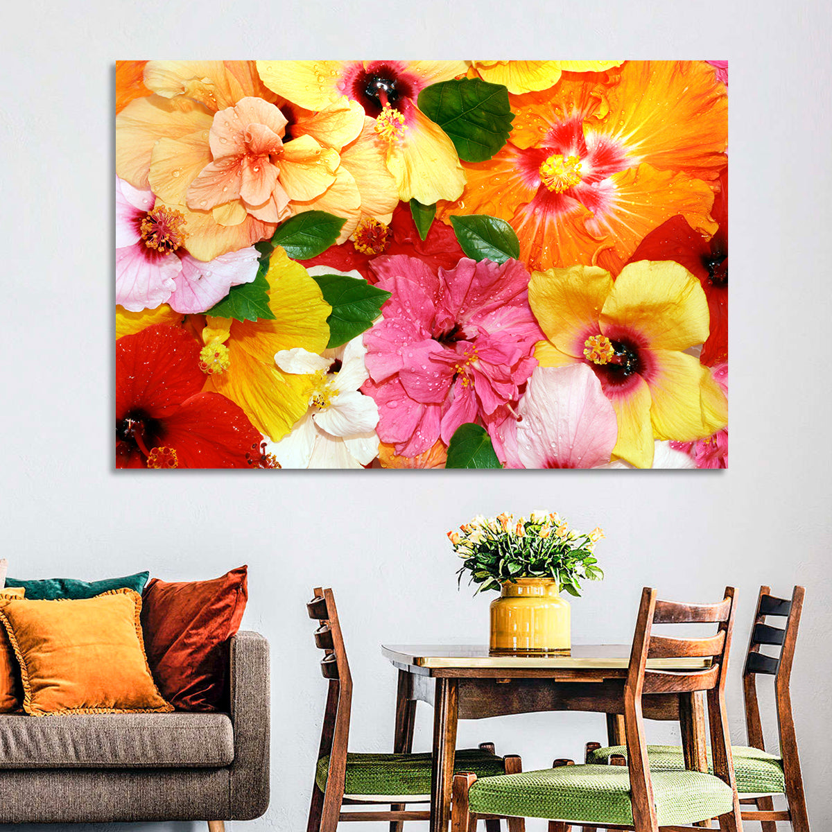 Vibrant Hibiscus Close-up Wall Art in a room, landscape
