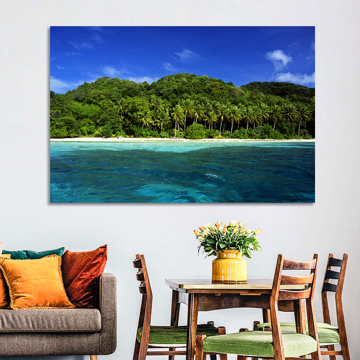 Turquoise Tropical Island Scene Wall Art in a room, landscape
