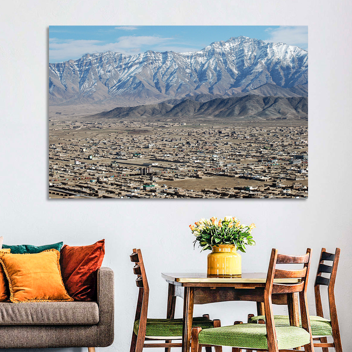 Kabul from Above with Snow-capped Mountains Wall Art in a room, landscape