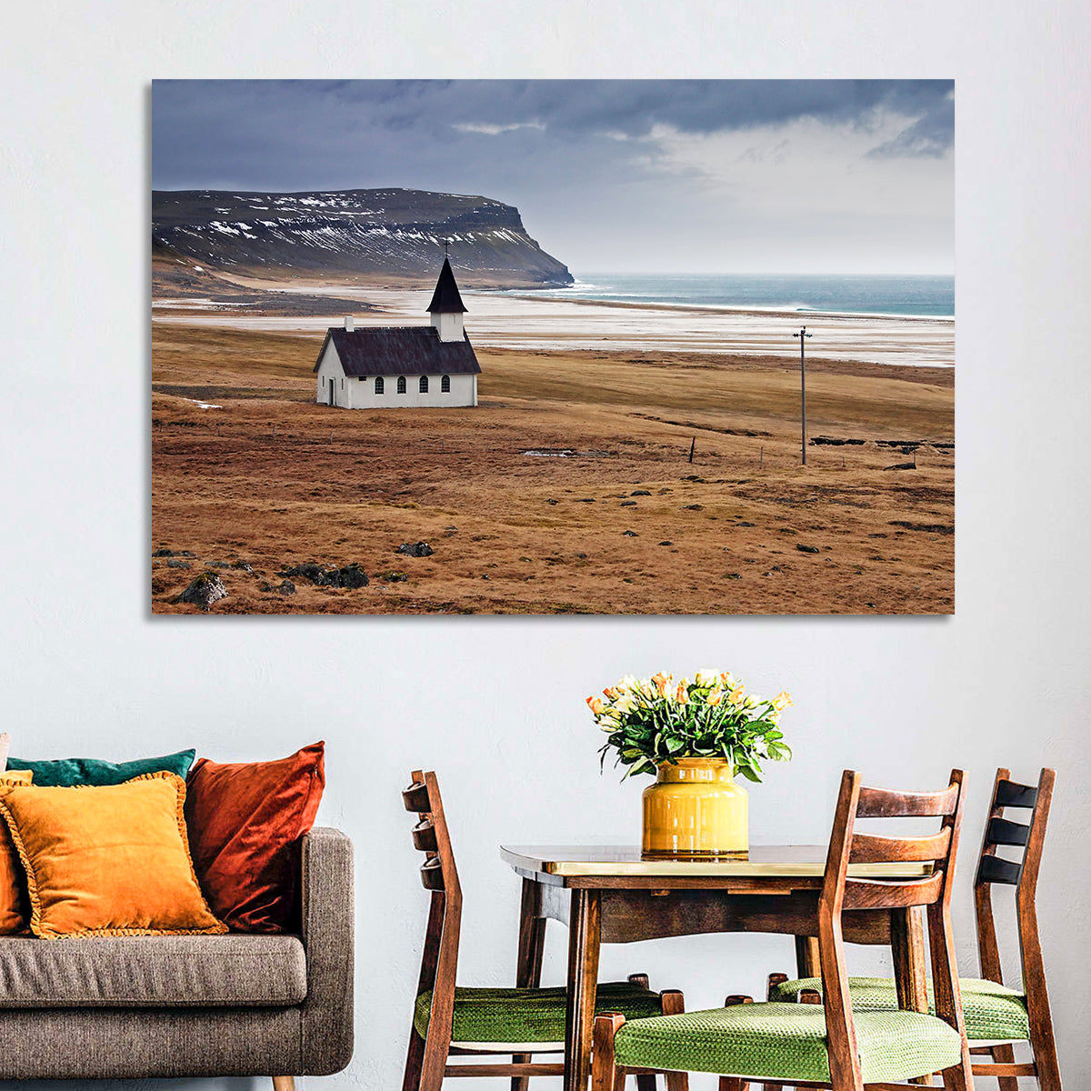 Icelandic Church with Dark Steeple Wall Art in a room, landscape