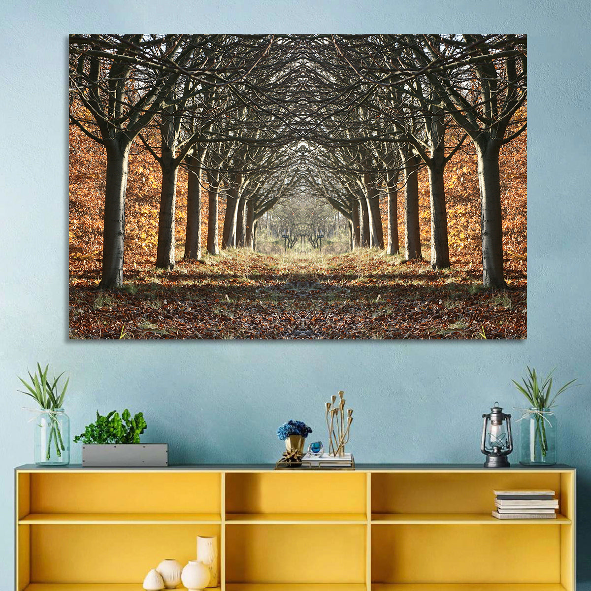 Danish Autumn Tree-lined Path Wall Art in a room, landscape