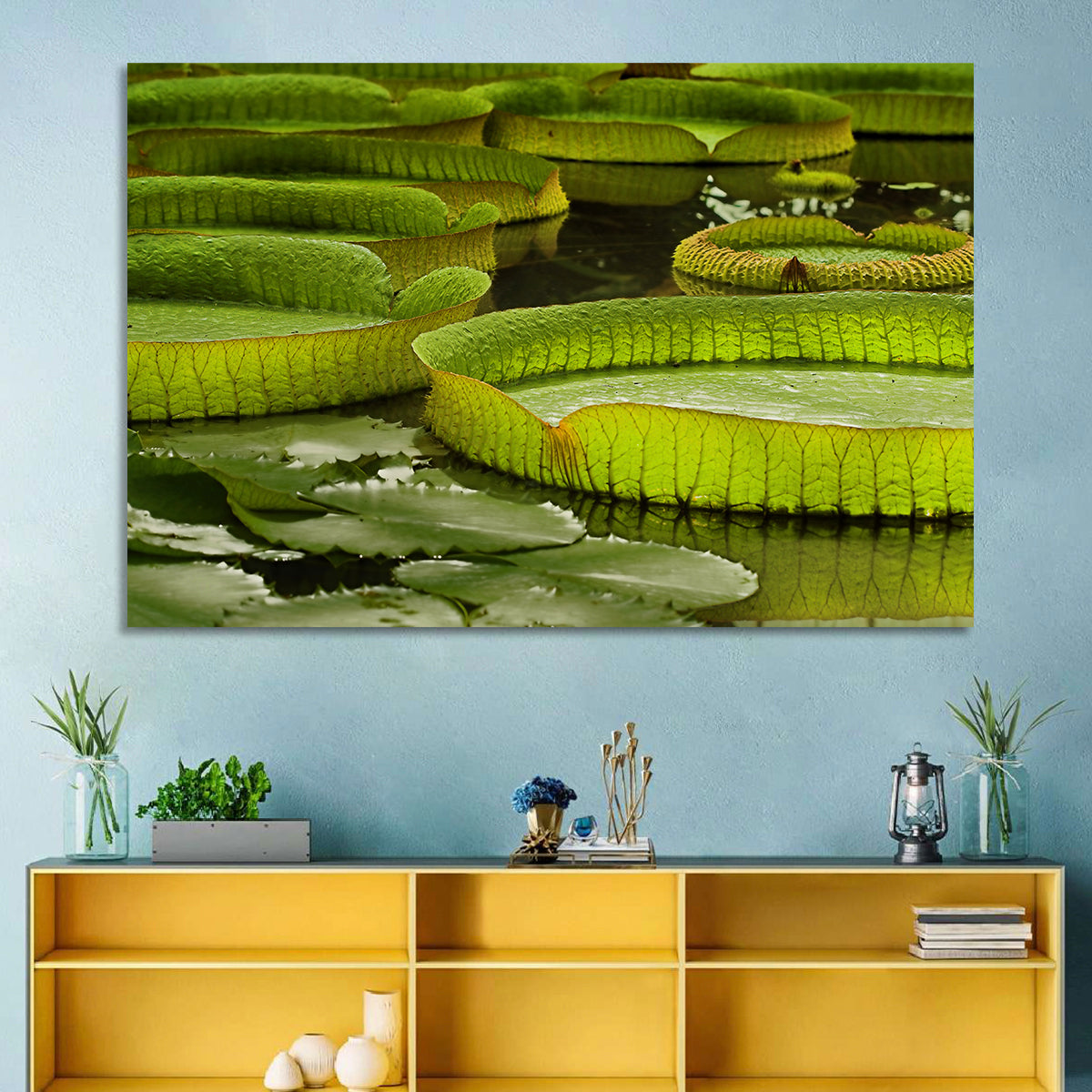 Giant Victoria Amazonica Lily Pads Wall Art in a room, landscape