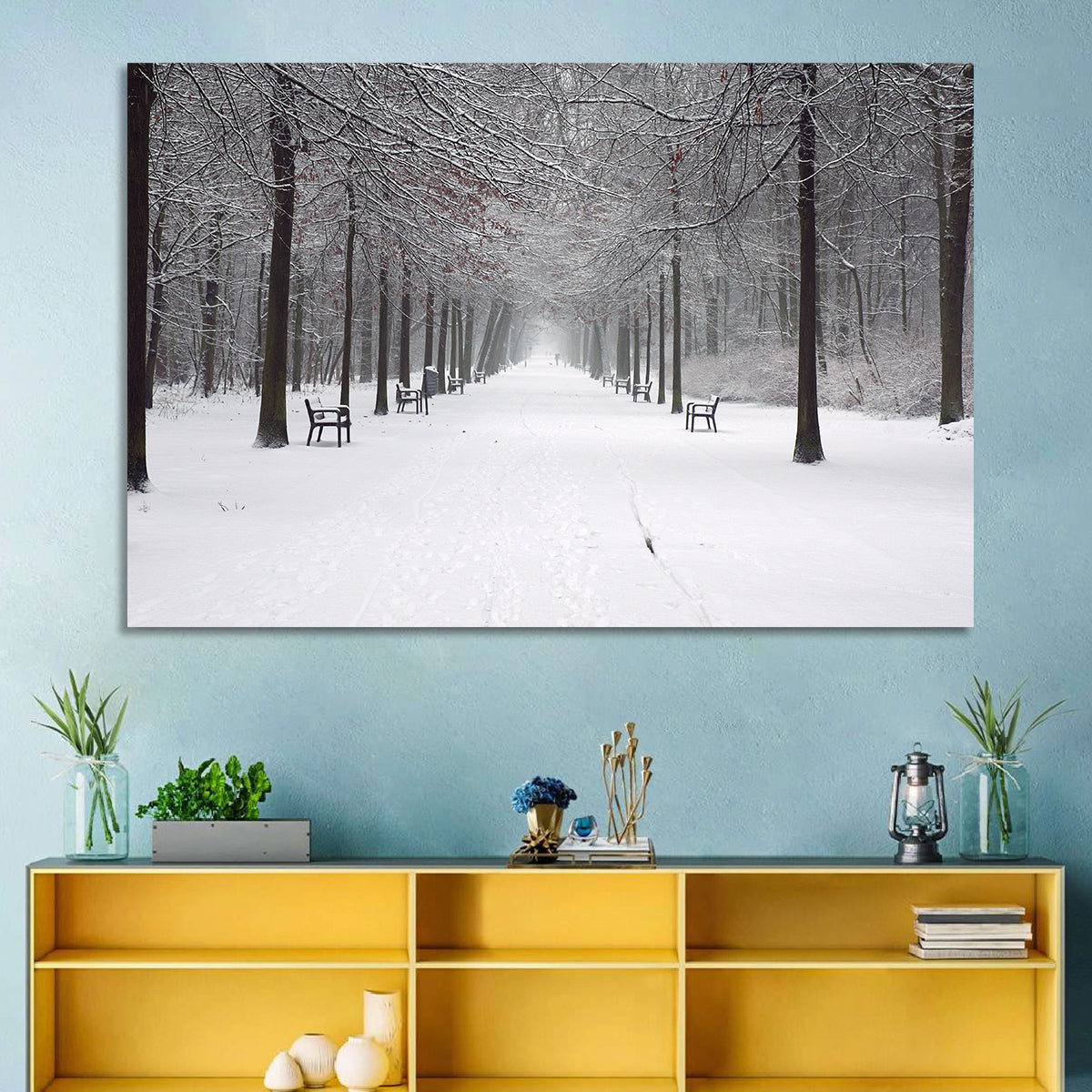 Snow Covered Park Lane Wall Art in a room, landscape
