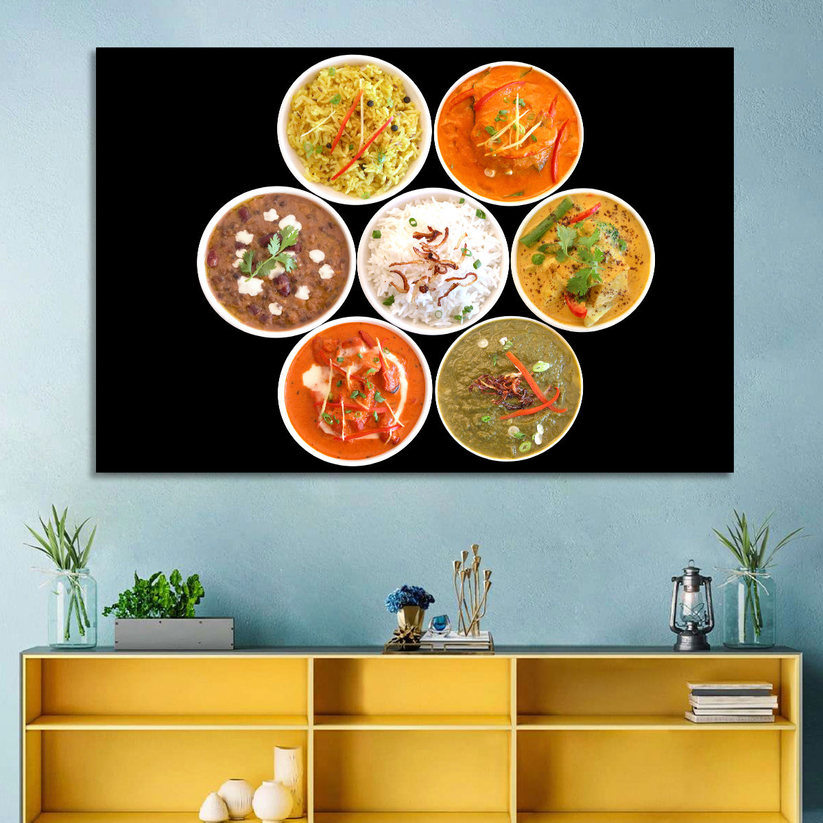 Six Indian Curry Bowls Wall Art in a room, landscape