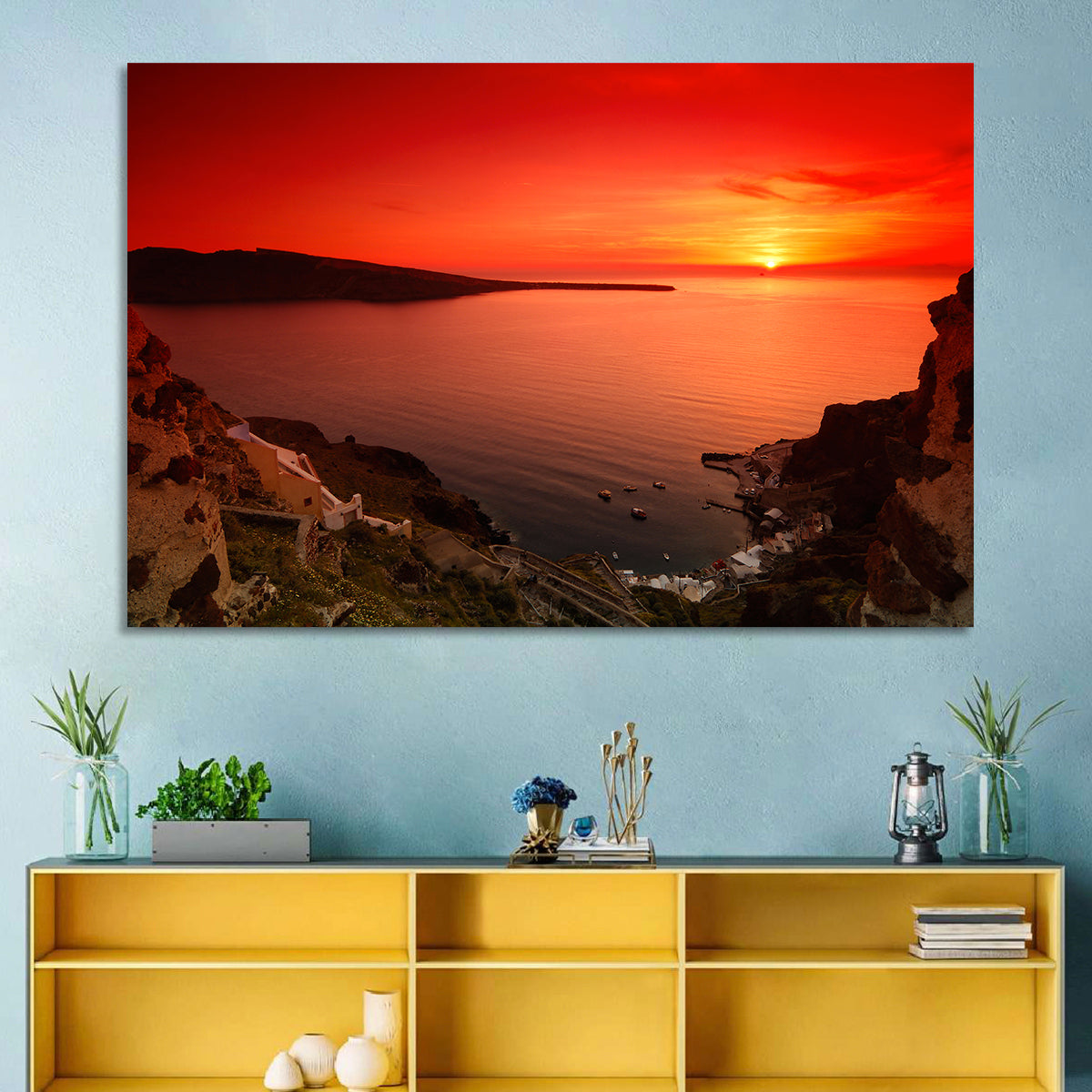 Ammoudi Bay Sunset, Oia Wall Art in a room, landscape