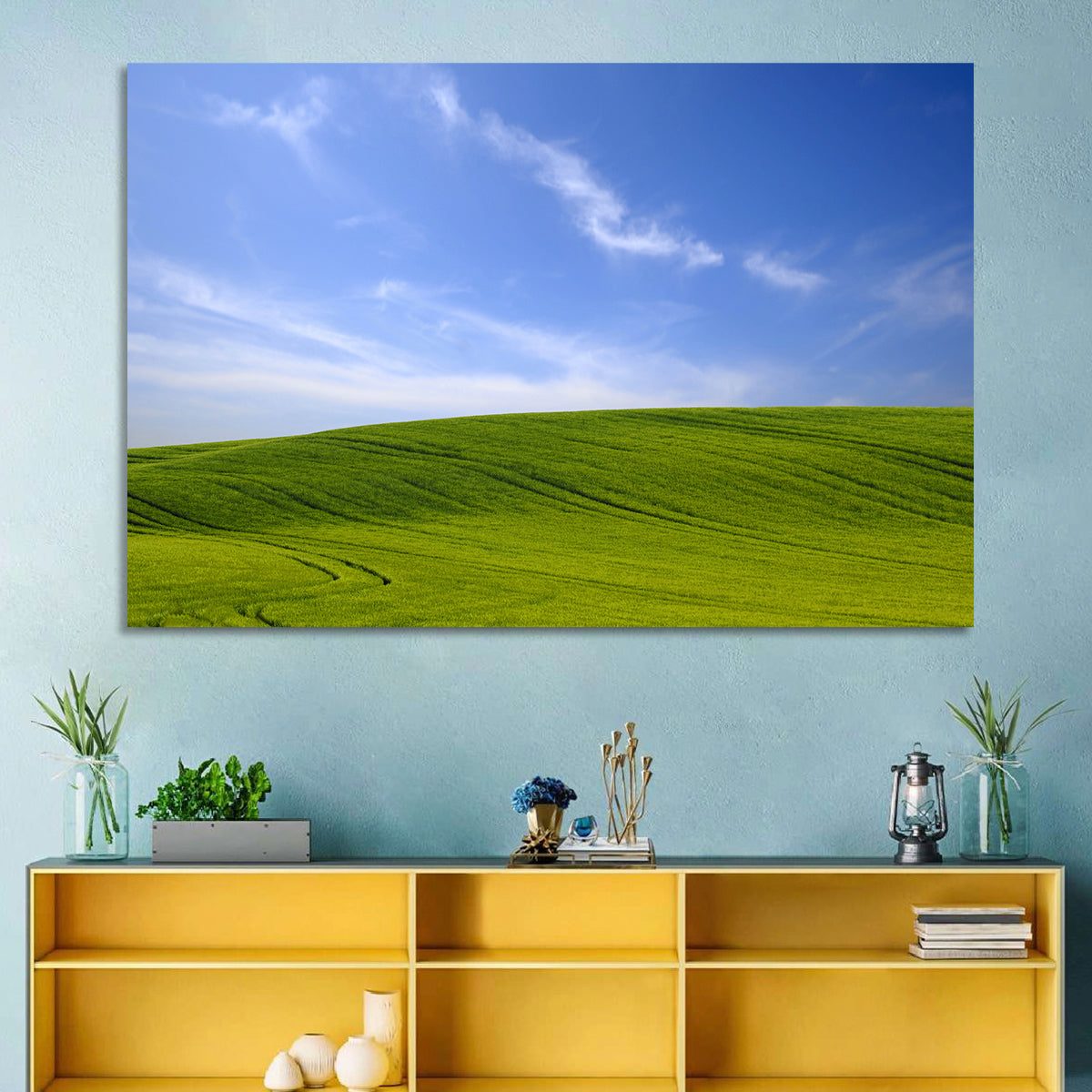 Rolling Green Hill with Blue Sky Wall Art in a room, landscape