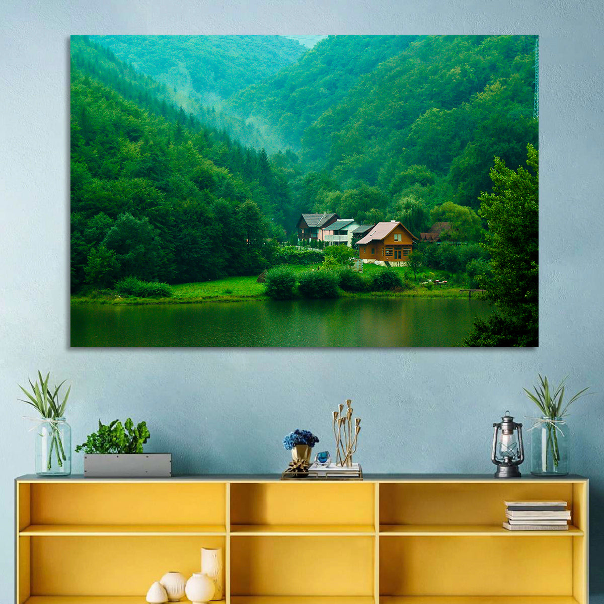 Mist Over Lake Tarnita Wall Art in a room, landscape