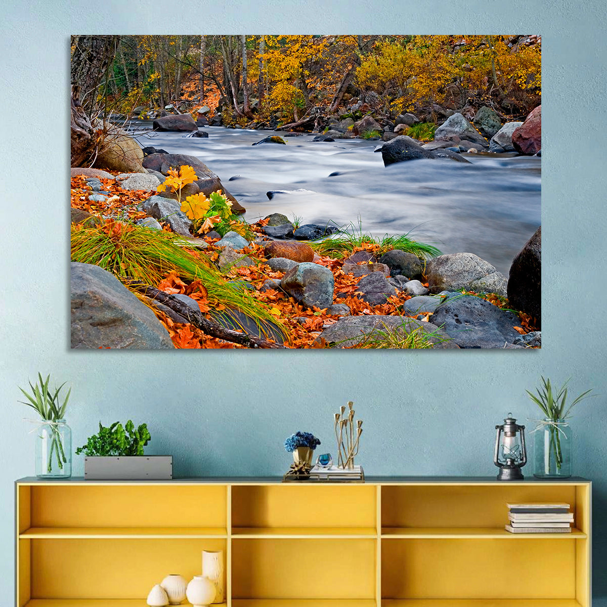 Golden Autumn Forest Creek Wall Art