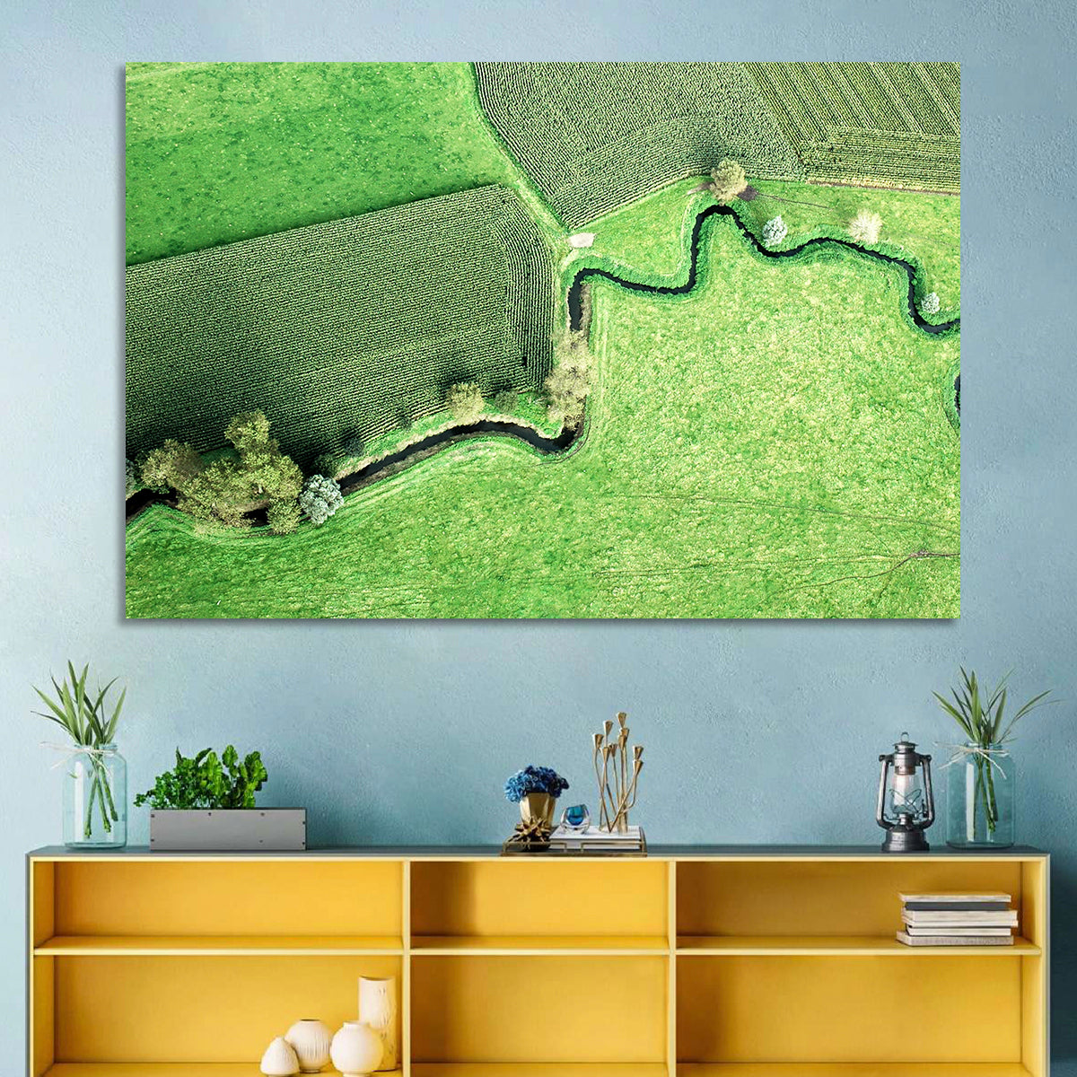 Meandering Stream Over Farmland Wall Art in a room, landscape
