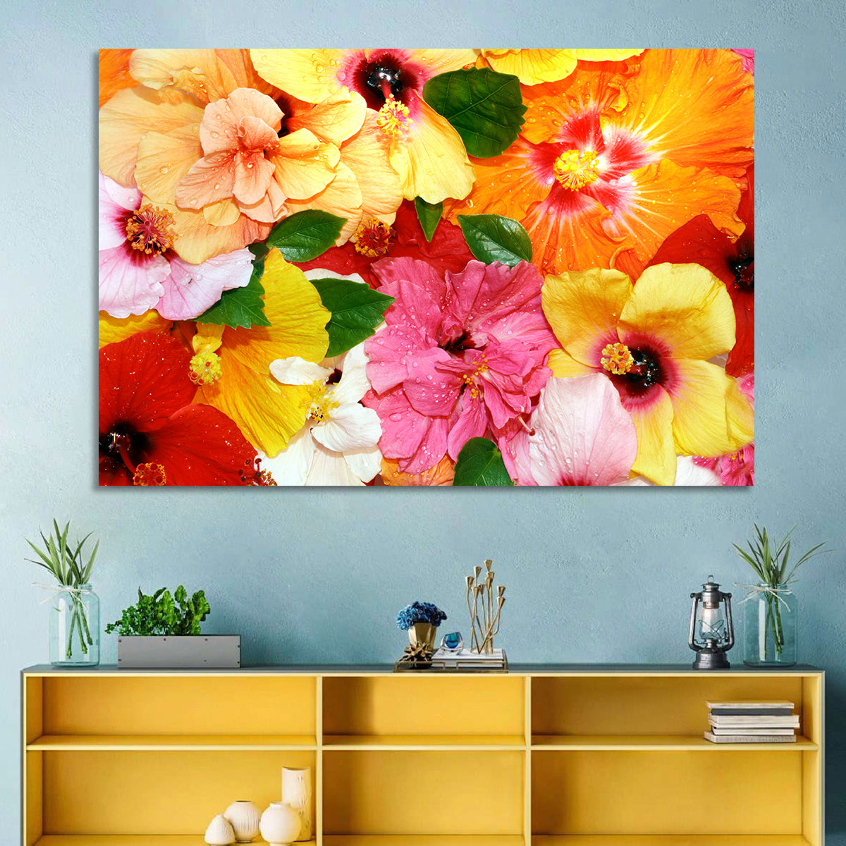 Vibrant Hibiscus Close-up Wall Art in a room, landscape