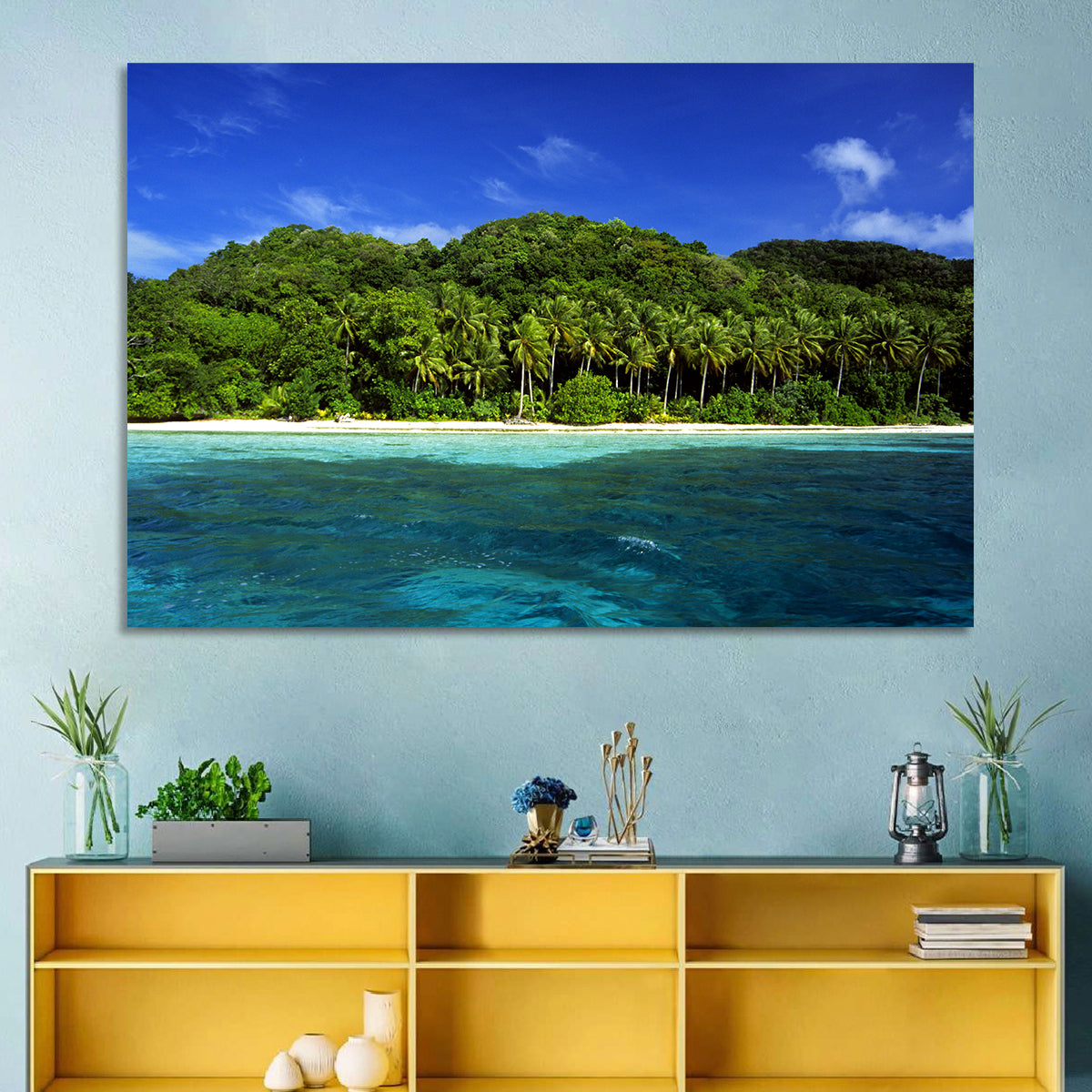 Turquoise Tropical Island Scene Wall Art in a room, landscape