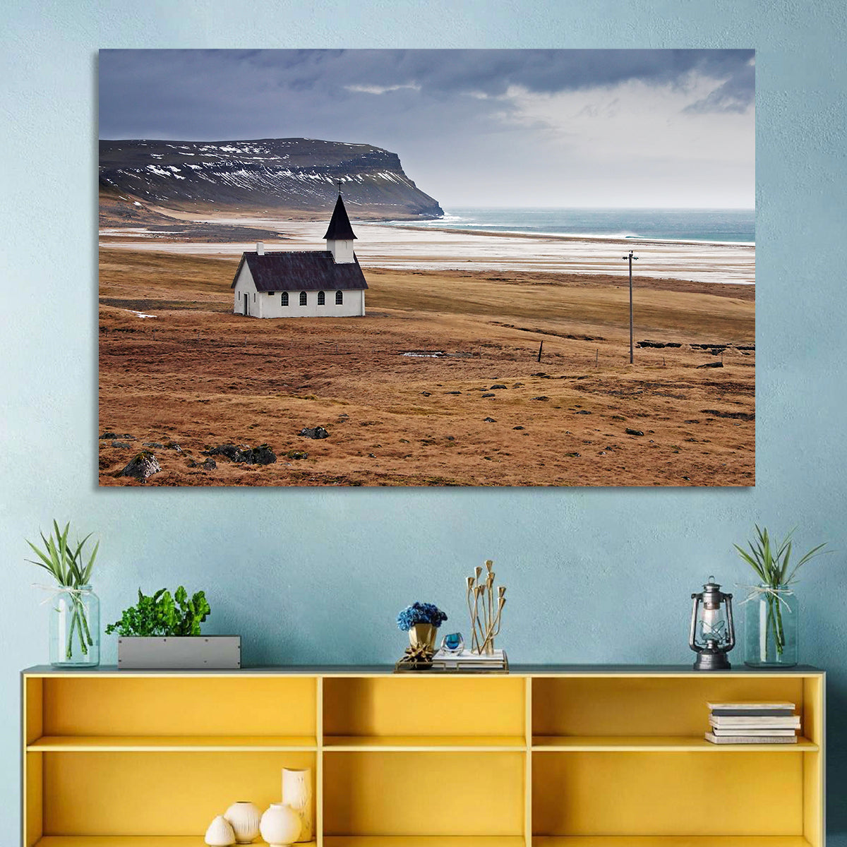 Icelandic Church with Dark Steeple Wall Art in a room, landscape
